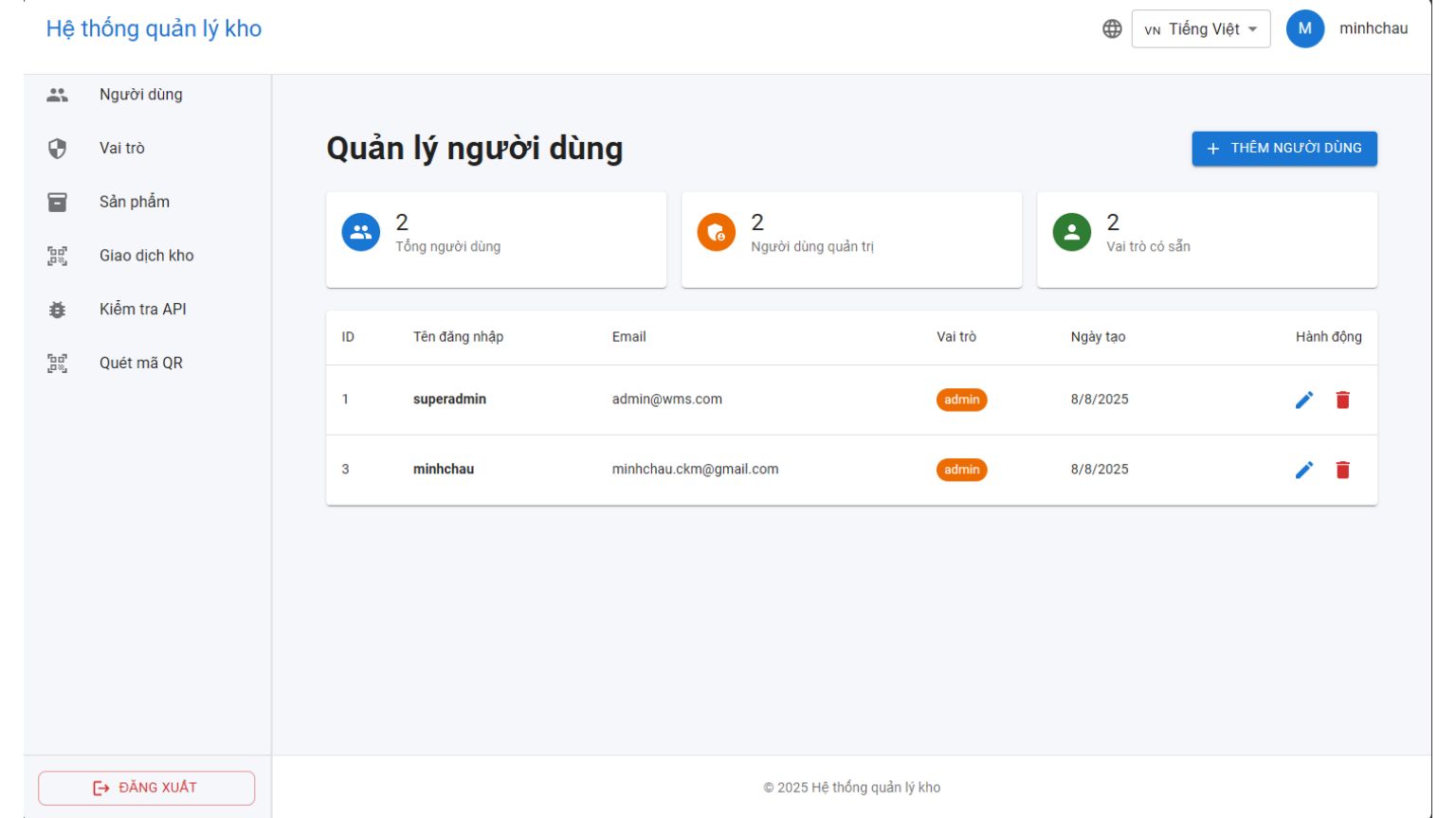 Giao diện quản lý người dùng