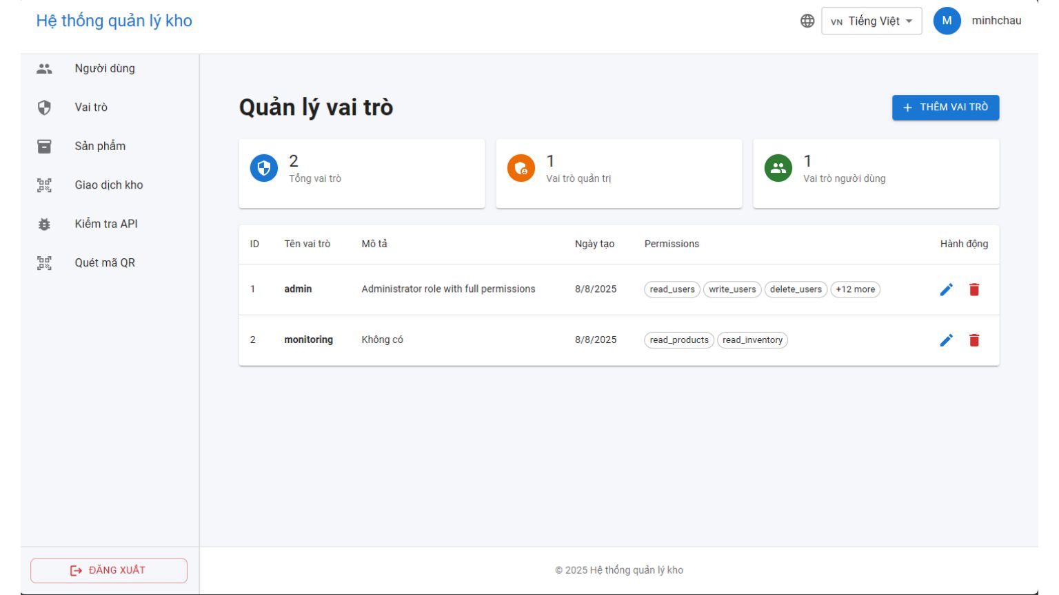 Giao diện quản lý vai trò