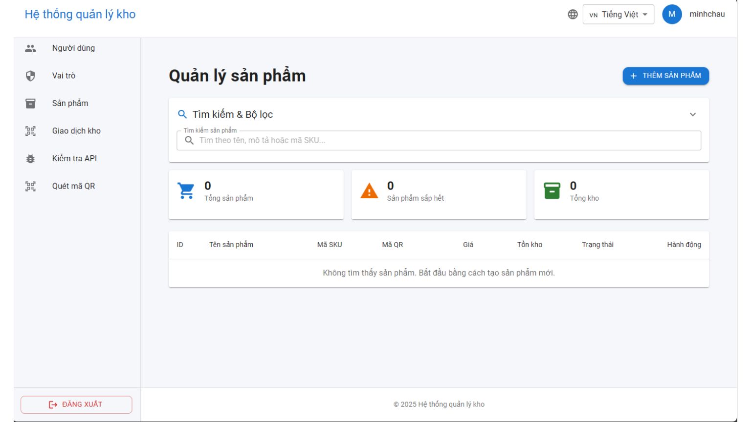 Giao diện quản lý sản phẩm