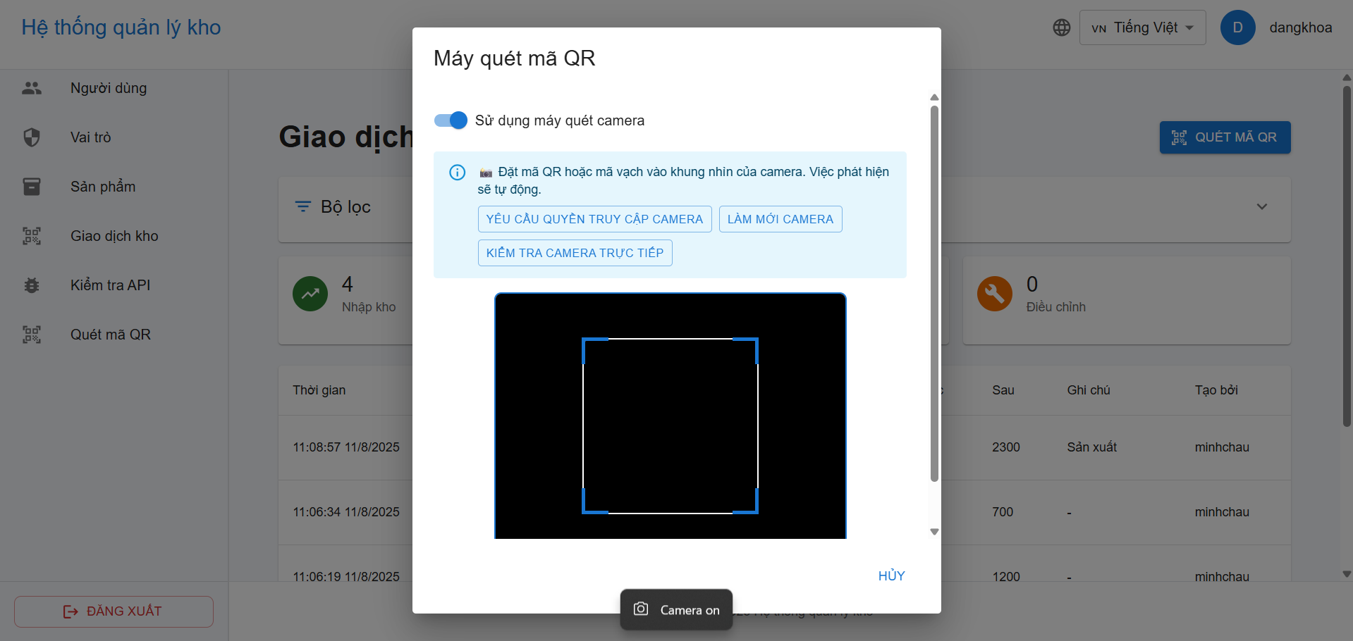 Giao diện thao tác nhập - xuất kho